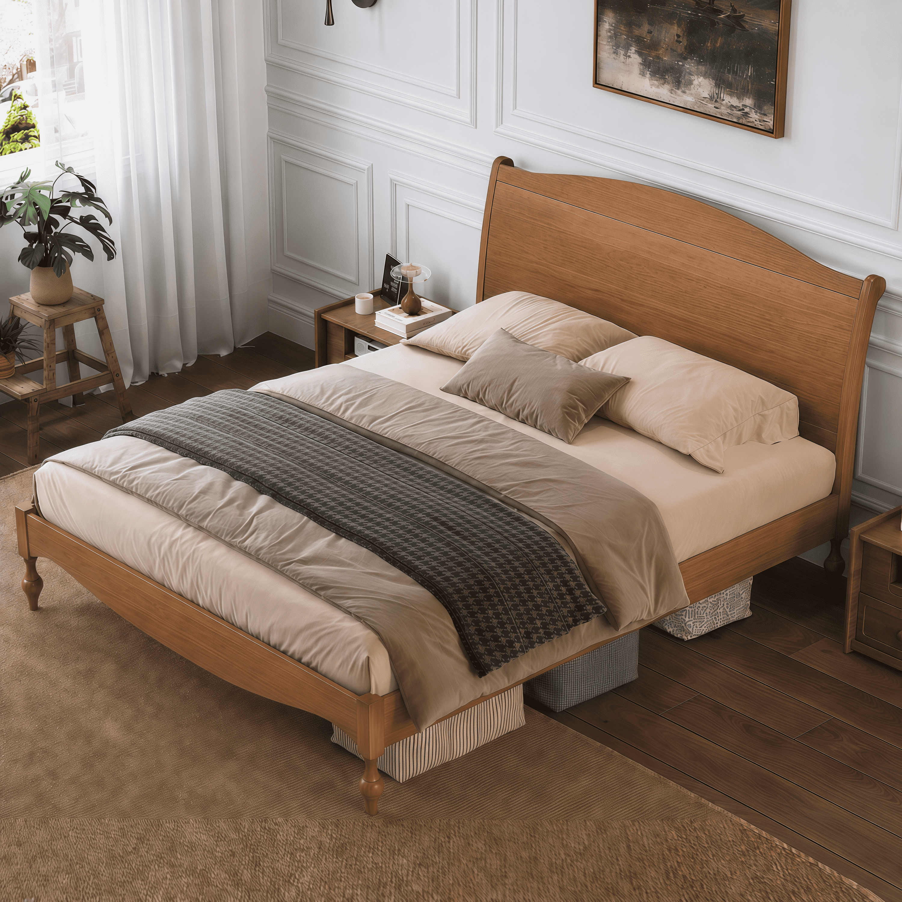 Euroco Wood Queen Size Platform Bed with Traditional Arched Headboard, Vintage Bed Frame, No Box Spring Needed, Light Walnut
