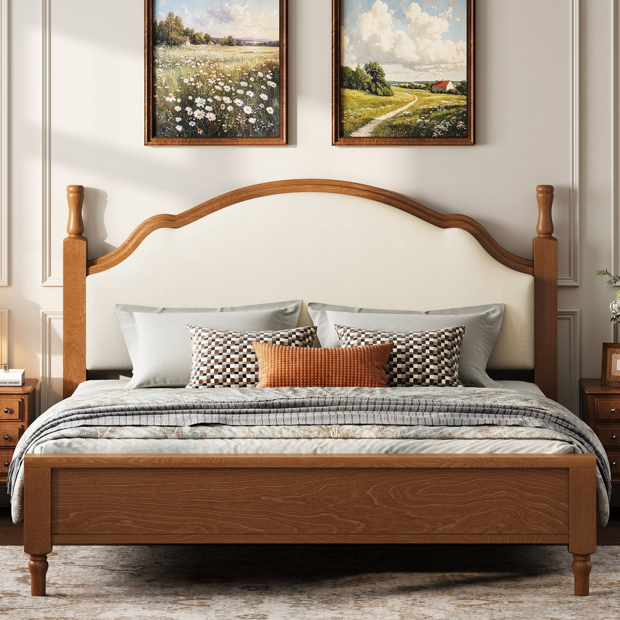 Euroco Wood Queen Size Platform Bed with Upholstery Headboard, Brown
