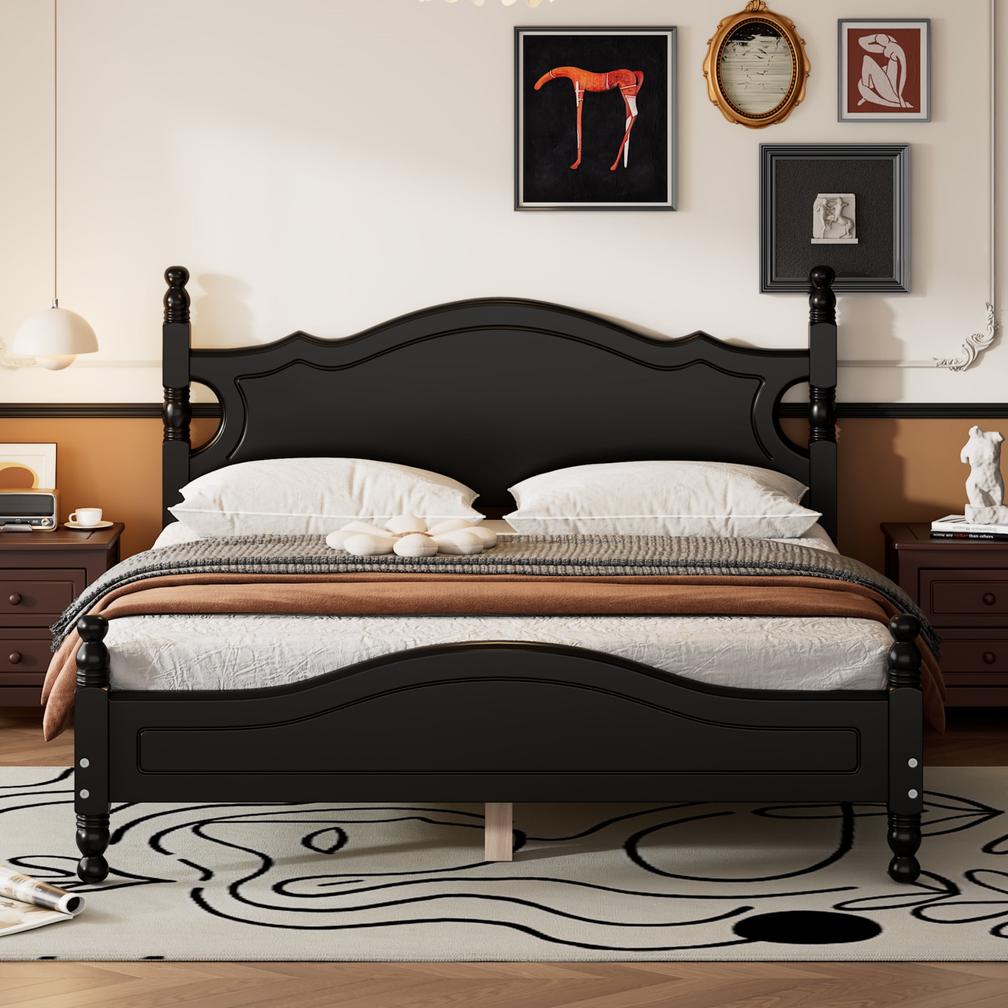 Euroco Wood Queen Size Retro Style Platform Bed, Black