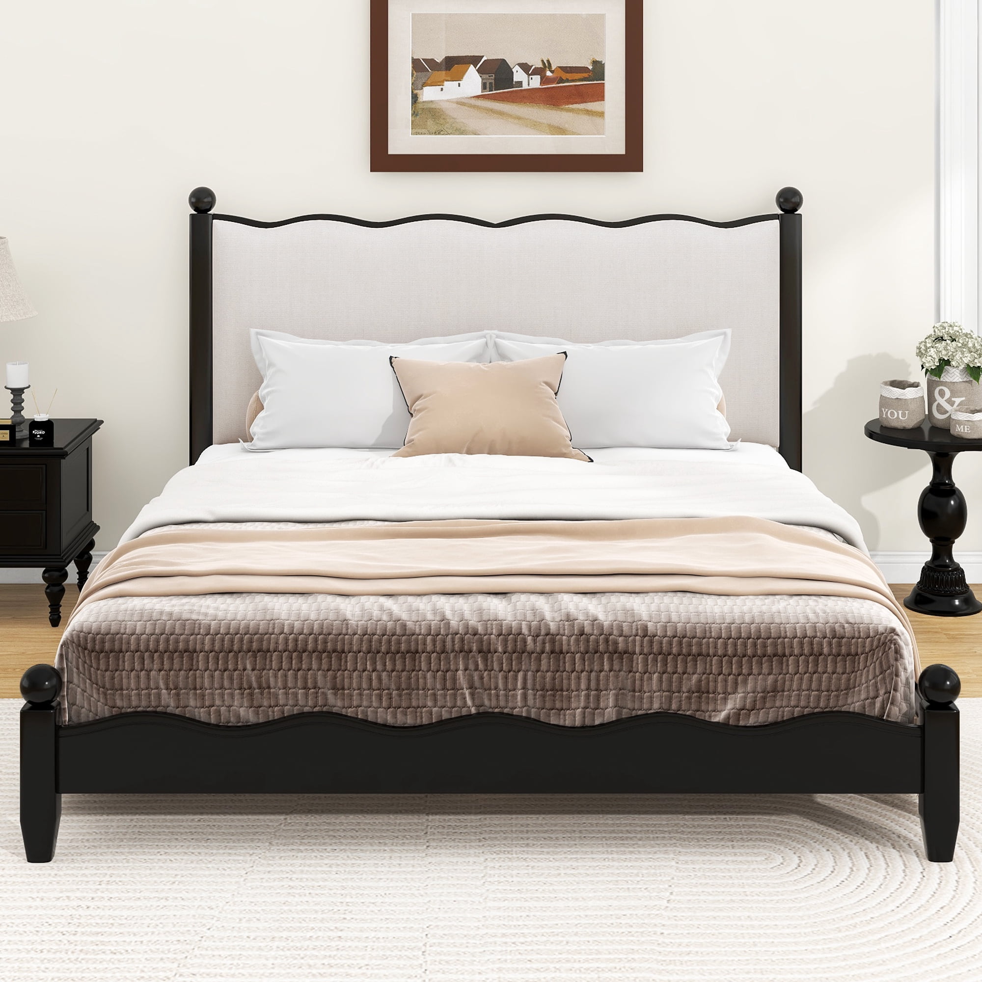 Euroco Wood Queen Size Wood Platform Bed with Upholstery Headboard, Black