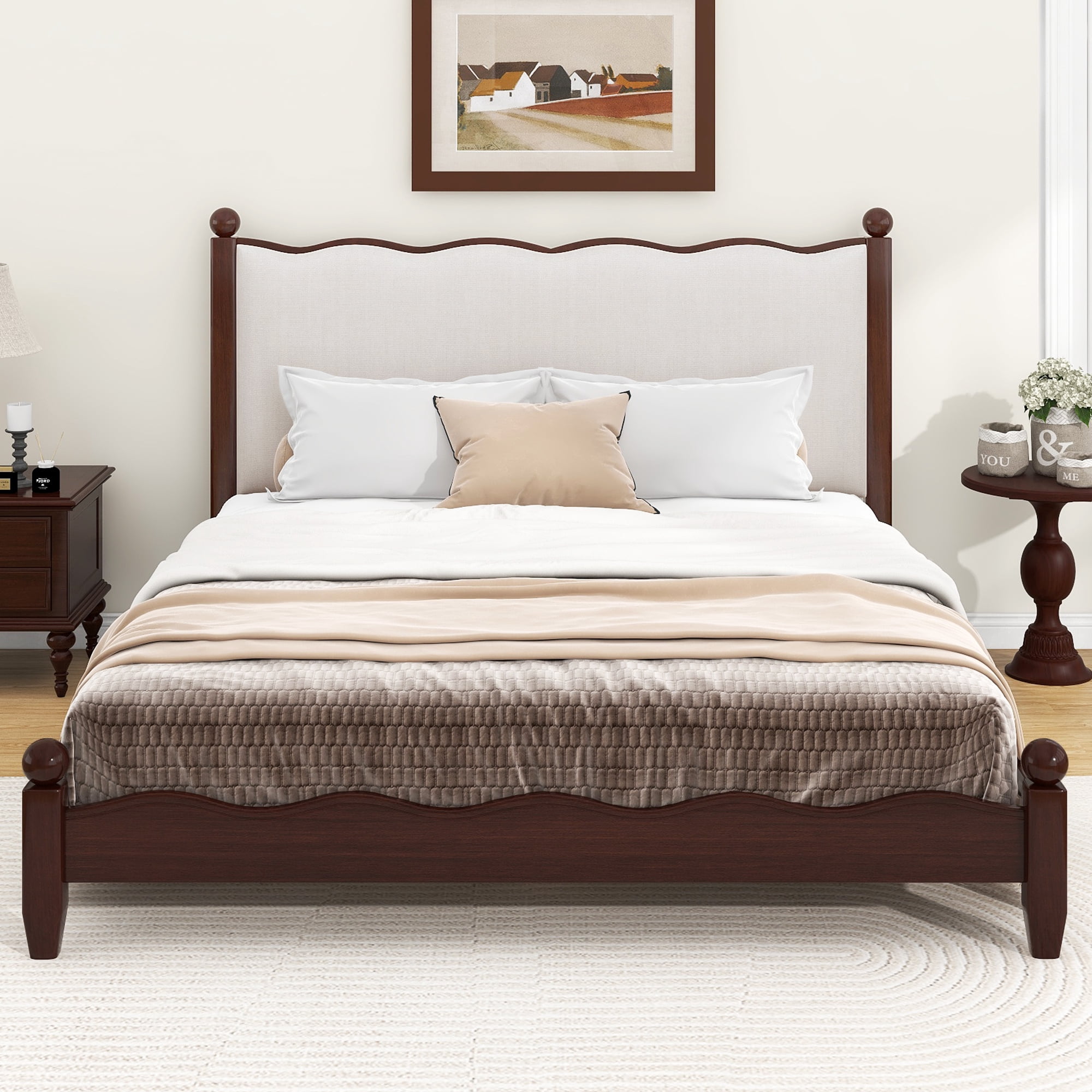 Euroco Wood Queen Size Wood Platform Bed with Upholstery Headboard, Espresso