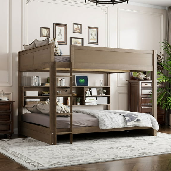 Euroco Wood Queen over Queen Bunk Bed with Bookcase, Shelves and USB Charging Station, Antique Wood