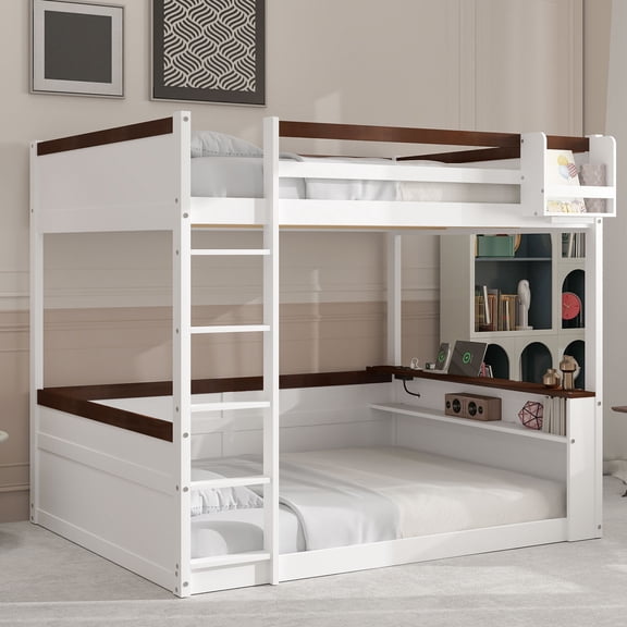 Euroco Wood Queen over Queen Bunk Bed with Shelves and Cabinets,  Storage Headboard with LED Light and USB Charging, White