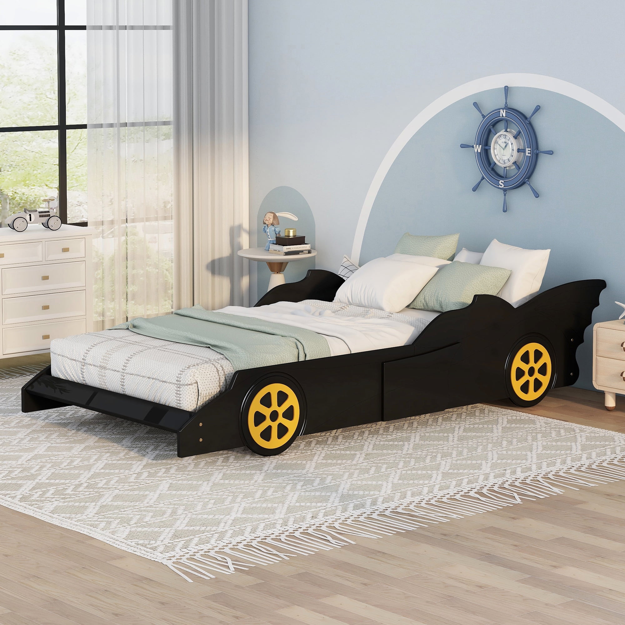 Euroco Wood Race CarShaped Twin Size Platform Bed for Kids’ Bedroom, Black & Yellow