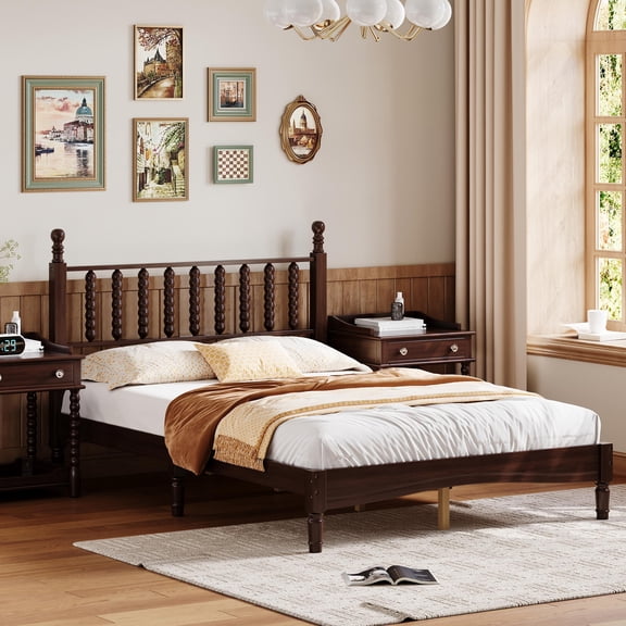 Euroco Wood Retro Style Full Size Platform Bed with Slats for Living Room, Walnut