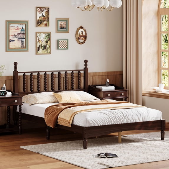 Euroco Wood Retro Style Full Size Platform Bed with Slats for Living Room, Walnut
