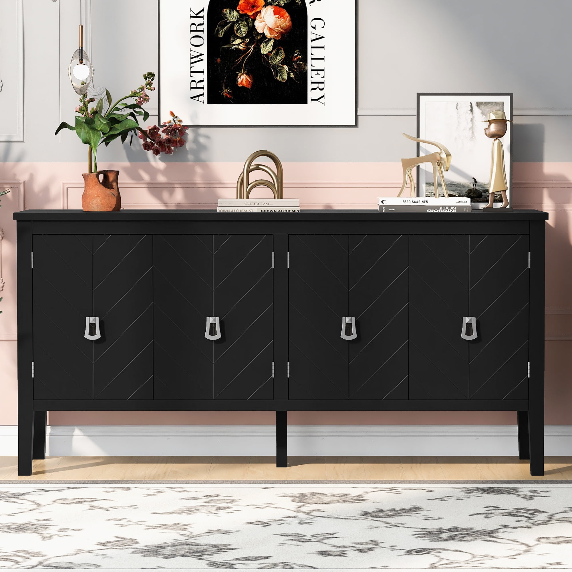 Euroco Wood Sideboard Buffet Cabinet,63" Narrow Entryway Table offee Bar Console Table with Metal Handles for Kitchen Entryway,Black