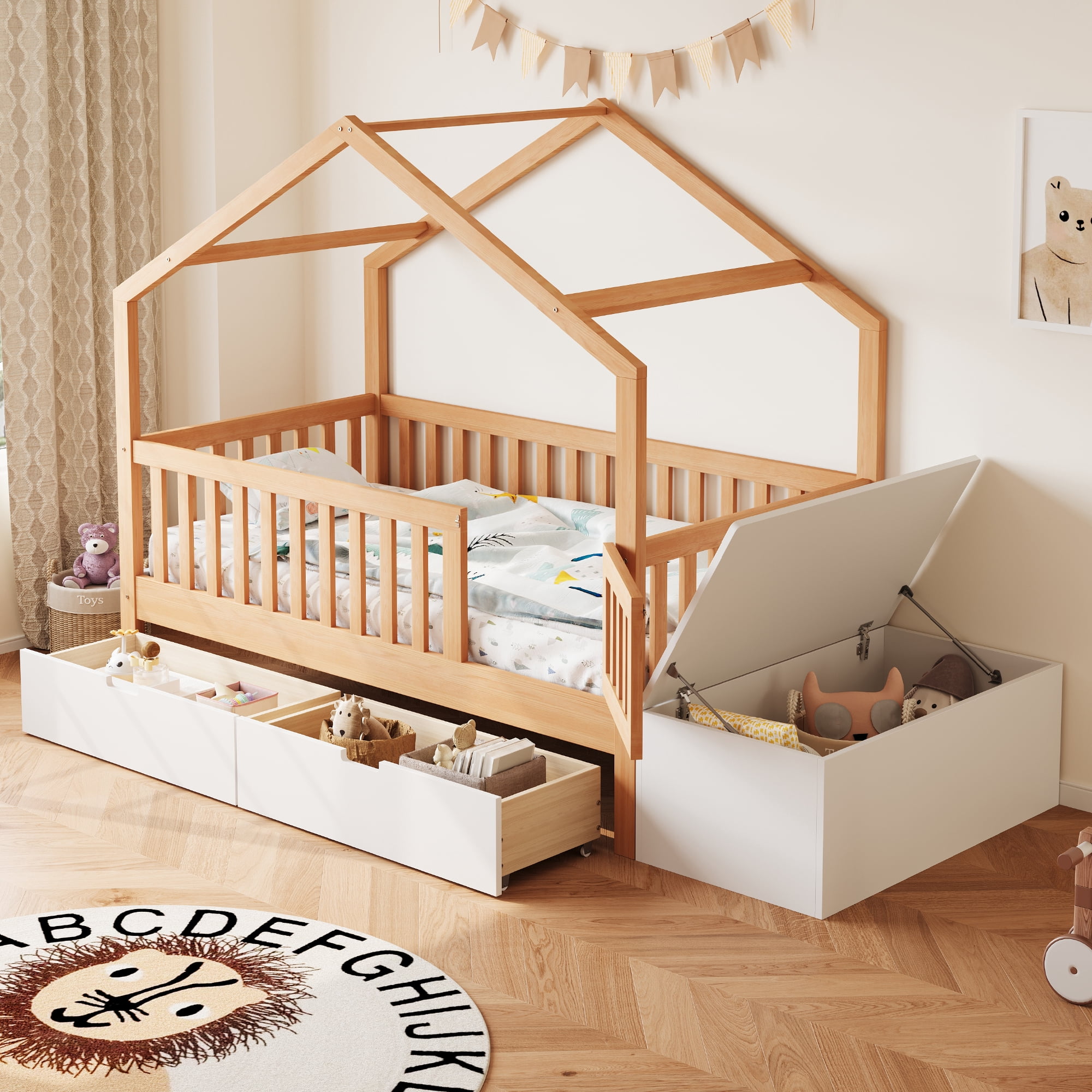 Euroco Wood Toddler House Bed with Drawers and Lift Up Chest, Natural Wood
