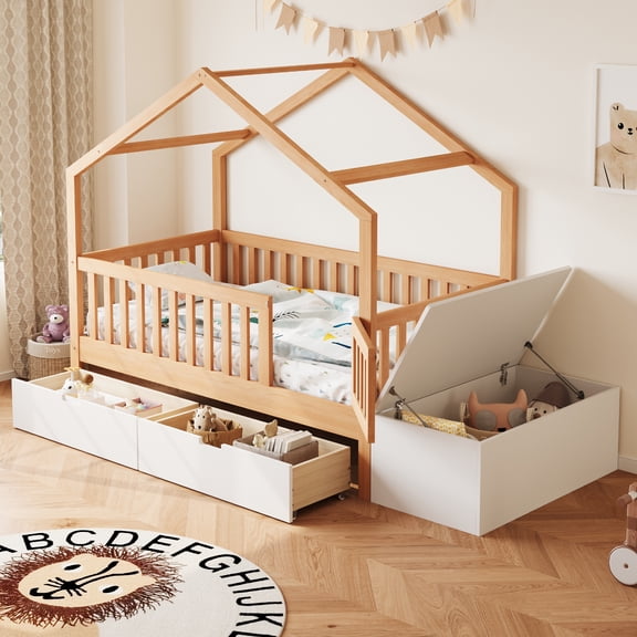 Euroco Wood Toddler House Bed with Drawers and Lift Up Chest, Natural Wood