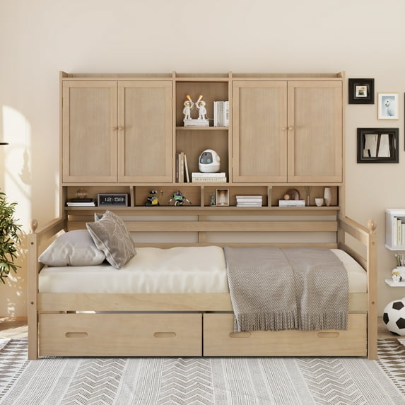 Euroco Wood Twin Bed, 250lbs Bookcase Daybed with Drawers for Kids Teens Living Room, Natural