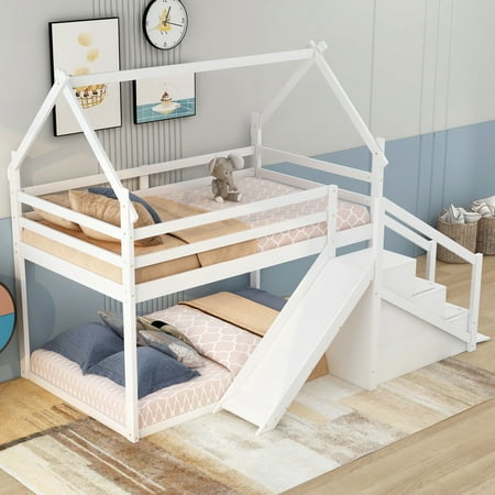 Euroco Wood Twin Bunk Bed with Slide and Staircase,Low Profile House Bed for Kids Teens Adults