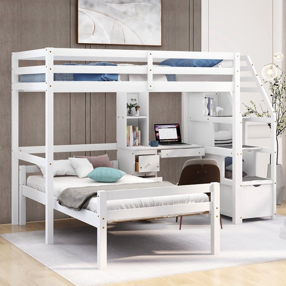 Euroco Wood Twin Bunk Loft Bed with Desk, Drawers and Shelf for Kids Teens, White
