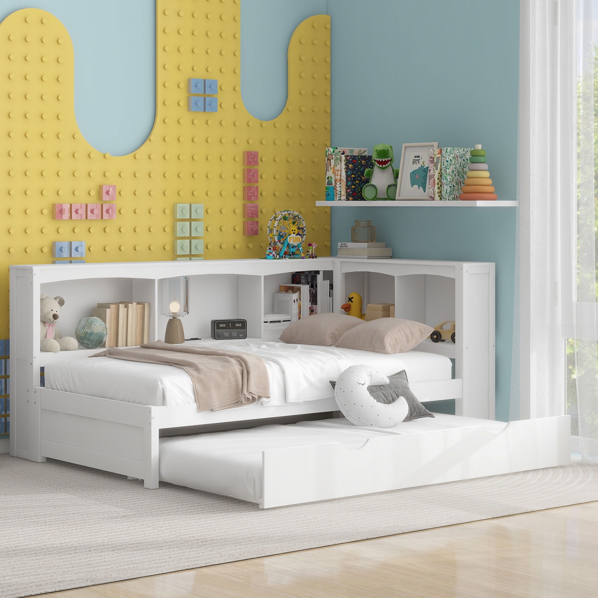 Euroco Wood Twin Daybed with Trundle,Storage Shelves and Charging Station Sofa Bed for Bedroom,White