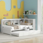 Euroco Wood Twin Daybed with Trundle,Storage Shelves and Charging Station Sofa Bed for Bedroom,White