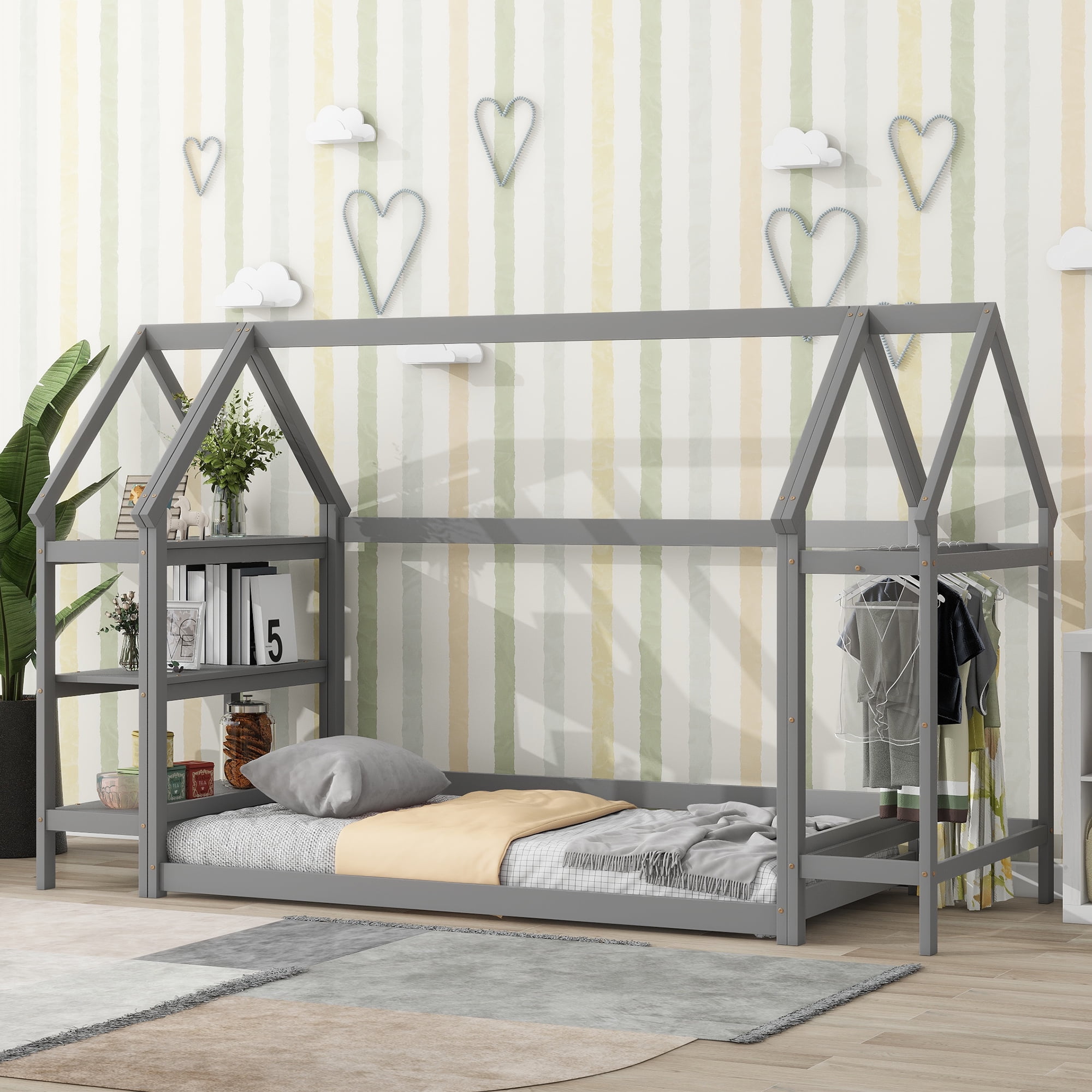 Euroco Wood Twin House-Shaped Floor Bed with Moveable Shelf and Wardrobe for Kids, Gray