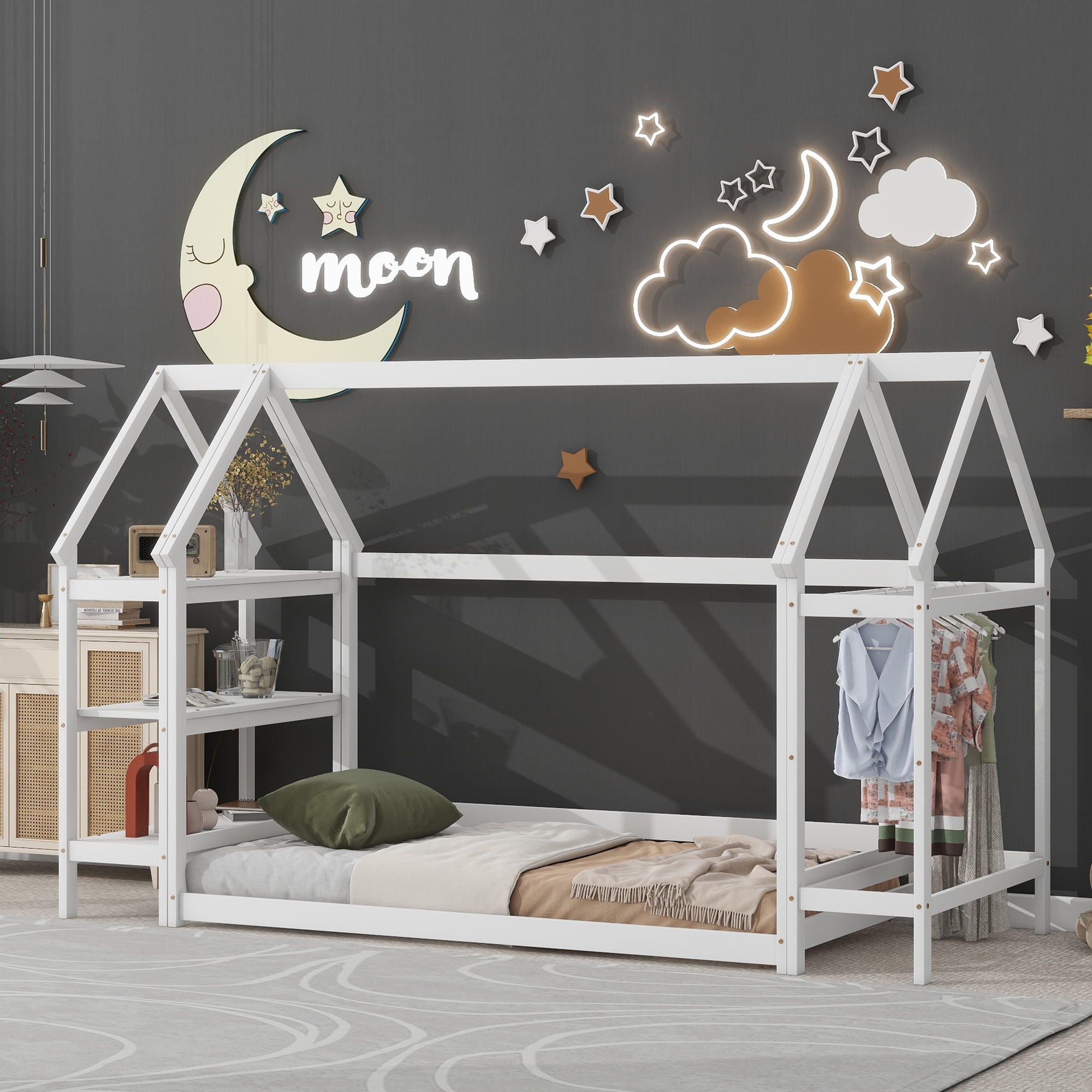 Euroco Wood Twin House-Shaped Floor Bed with Moveable Shelf and Wardrobe for Kids, White