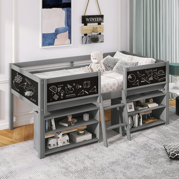 Euroco Wood Twin Loft Bed with Chalkboards for Bedroom, Low Profile Bed with Blackboard and Shelves for Kids Teens, Gray