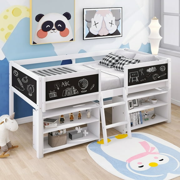 Euroco Wood Twin Loft Bed with Chalkboards for Bedroom, Low Profile Bed with Blackboard and Shelves for Kids Teens, White