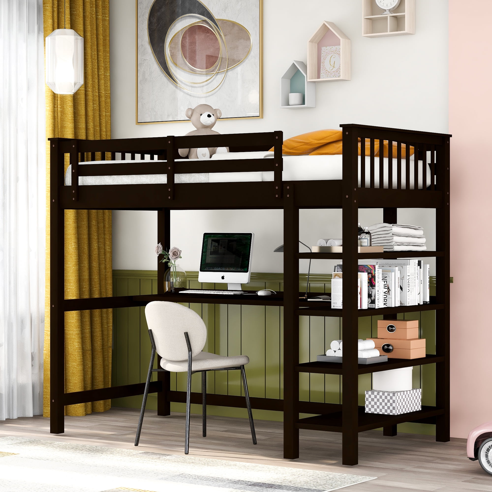 Euroco Wood Twin Loft Bed with Desk & Storage Shelves for Kids Bedroom ...