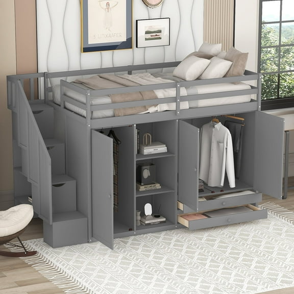 Euroco Wood Twin Loft Bed with Wardrobe, Shelf and Drawers for Bedroom, Gray