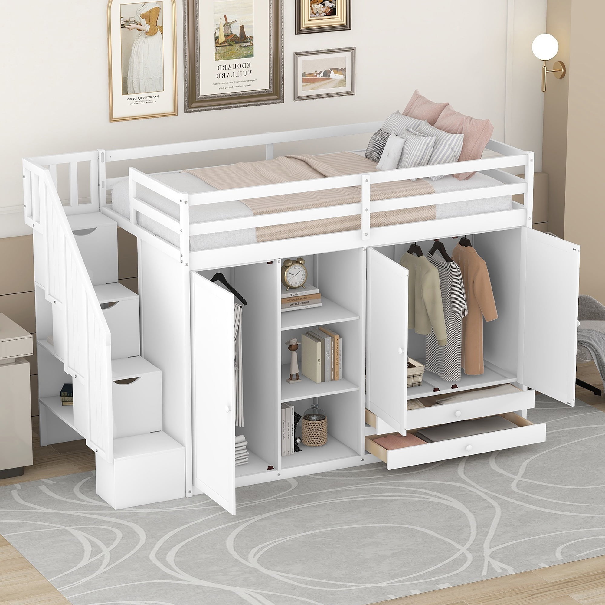 Euroco Wood Twin Loft Bed with Wardrobe, Shelf and Drawers for Kids ...
