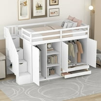 Euroco Wood Twin Loft Bed with Wardrobe, Shelf and Drawers for Bedroom, White