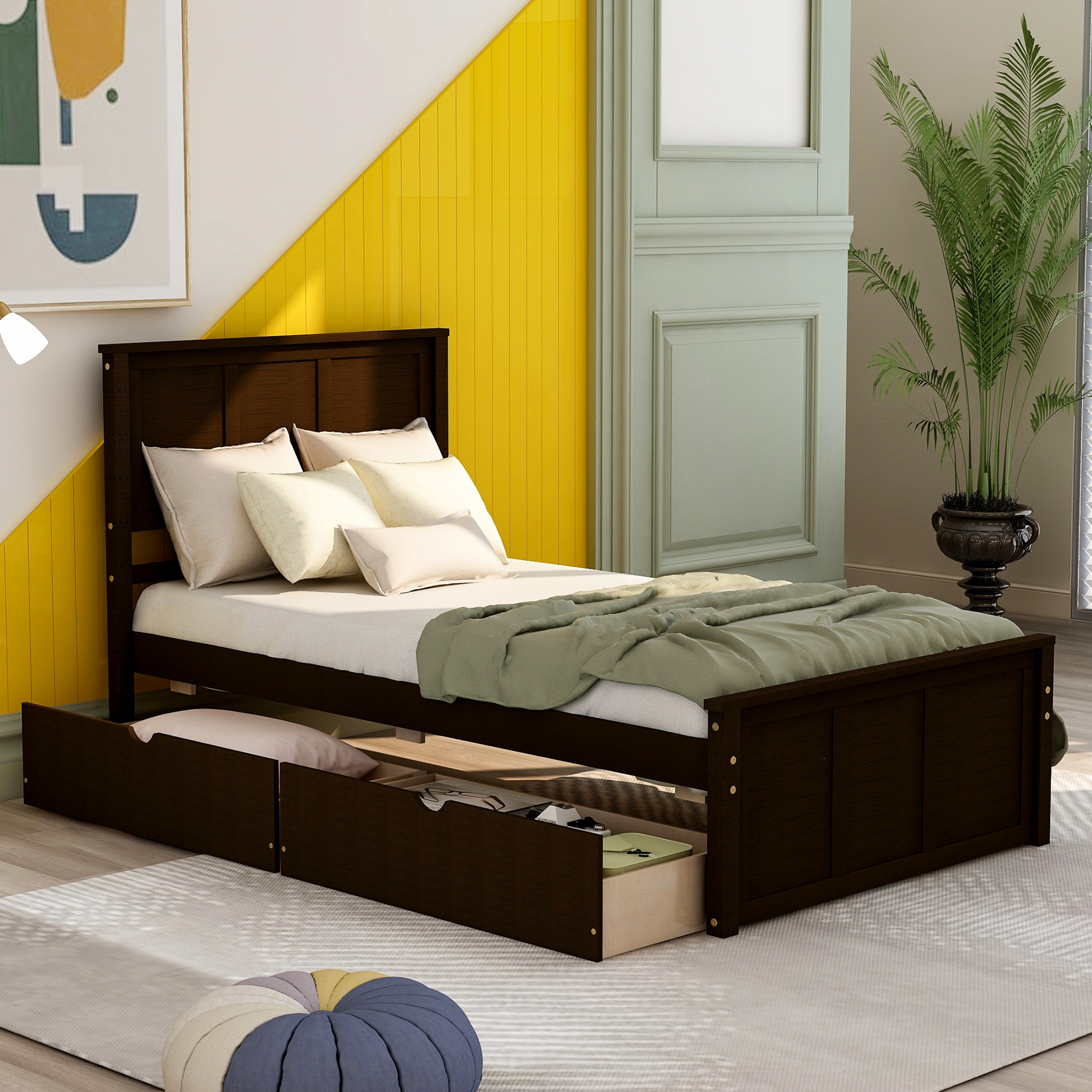 Euroco Wood Twin Platform Bed with Headboard & 2 Storage Drawers for Kids, Espresso - image 1 of 10