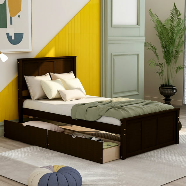 Euroco Wood Twin Platform Bed with Headboard & 2 Storage Drawers for Kids, Espresso