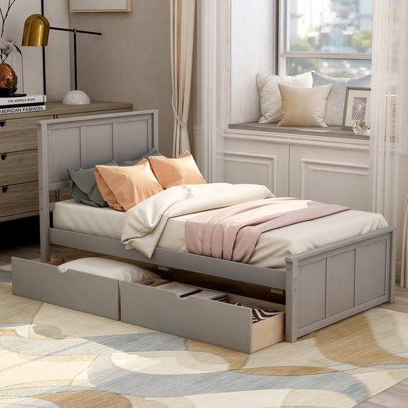 Euroco Wood Twin Platform Bed with Headboard & 2 Storage Drawers for Kids Teens, Gray