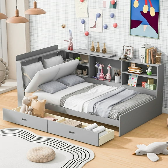 Euroco Wood Twin Platform Bed with Storage Headboard and Shelves, 2 Drawers Floor Bed for Kids Teens, Gray