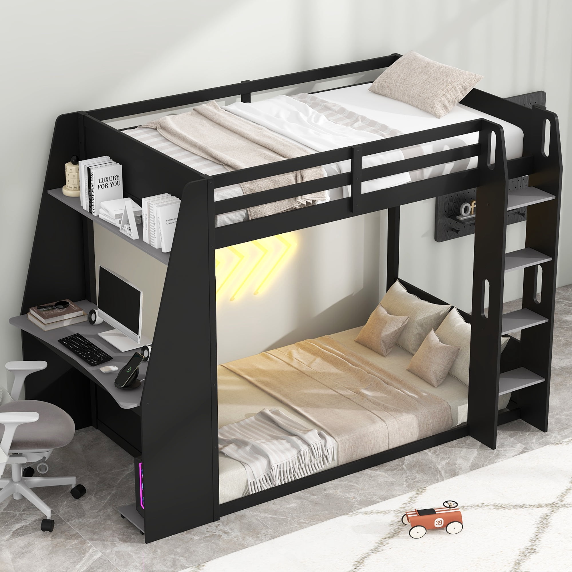 Euroco Wood Twin Size Bunk Bed with Desk and Shelves, Gaming Bed with LED Light and USB Charging, Grey