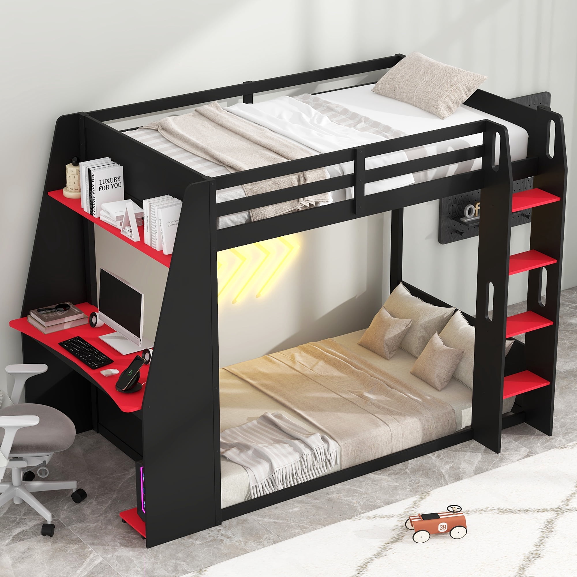Euroco Wood Twin Size Bunk Bed with Desk and Shelves, Gaming Bed with LED Light and USB Charging, Red