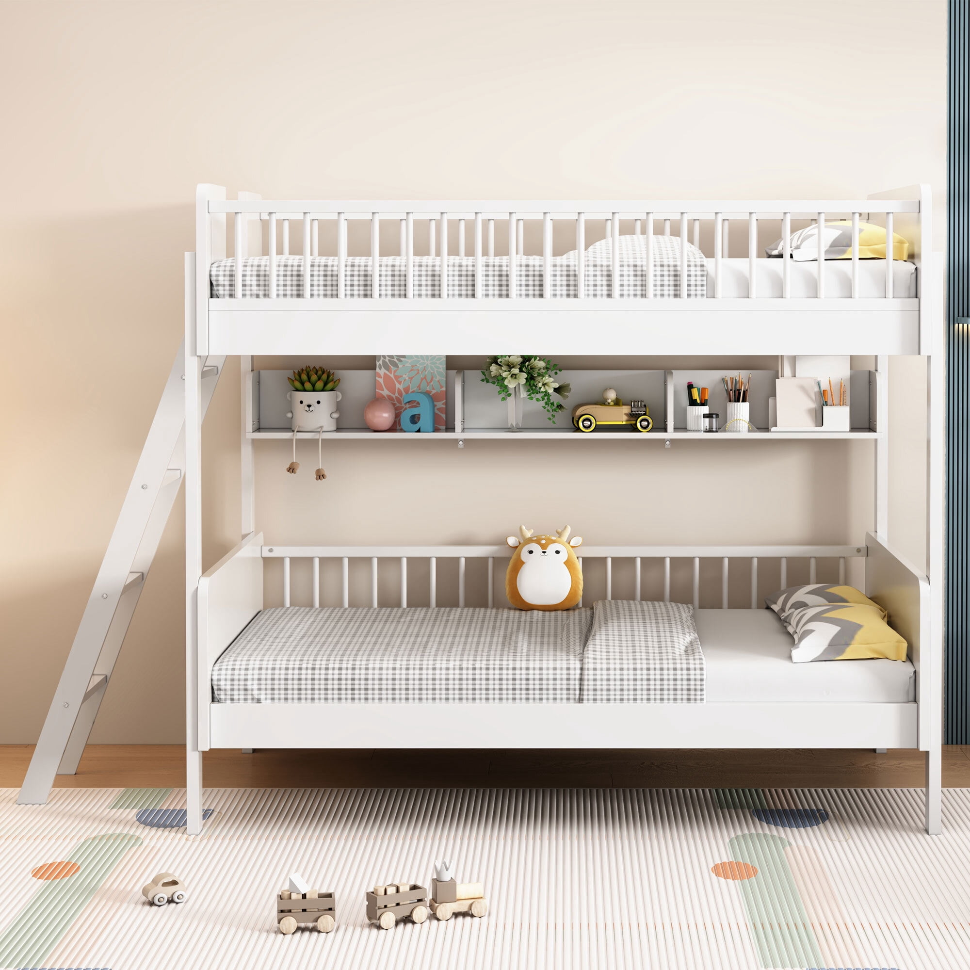 Euroco Wood Twin Size Bunk Bed with Storage Shelves, White
