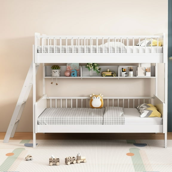 Euroco Wood Twin Size Bunk Bed with Storage Shelves, White