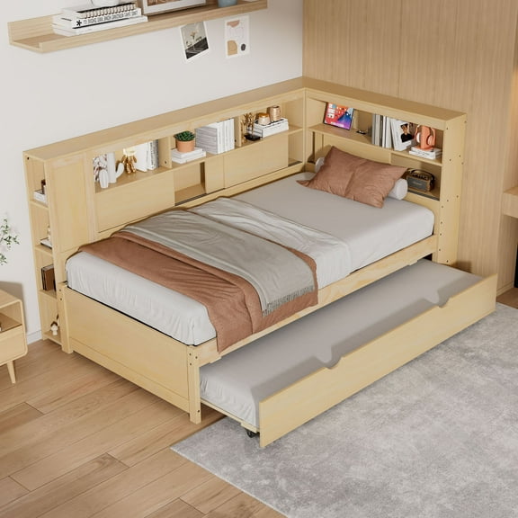 Euroco Wood Twin Size Captain Bed with Shelves and Cabinet, Trundle and USB Charging Station,Natural