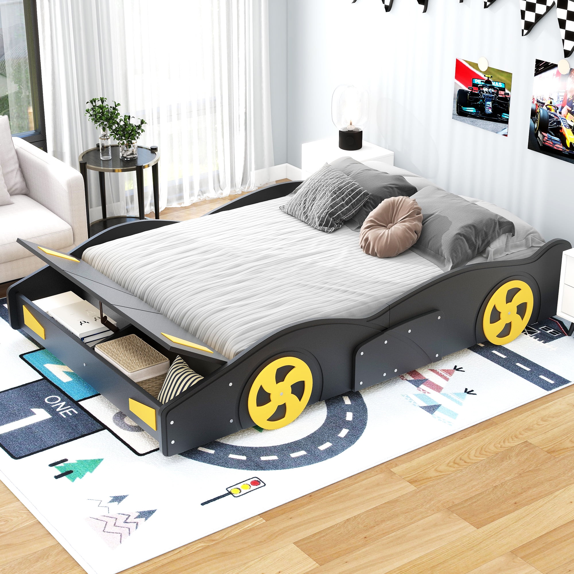 Euroco Wooden Twin Size Car-Shaped Bed with Storage, Kids Bedroom ...