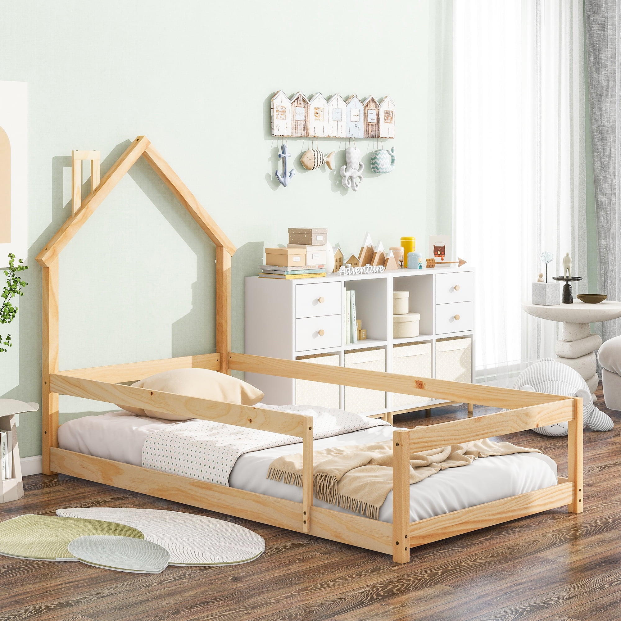 Euroco Wood Twin Size Daybed, House Floor Bed with Fence for Kids Bedroom, Natural