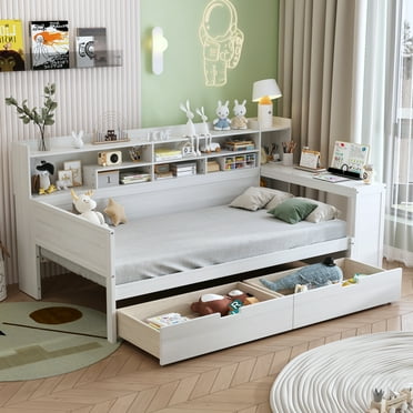 Euroco Wood Twin Size Daybed with Bookcase and Desk, Functional Shelves and 2 Drawers, White