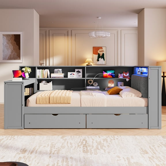 Euroco Wood Twin Size Daybed with Desk and Shelves, Captain Bed with Upholstered Headboard, LED Light and USB Charging, Gray