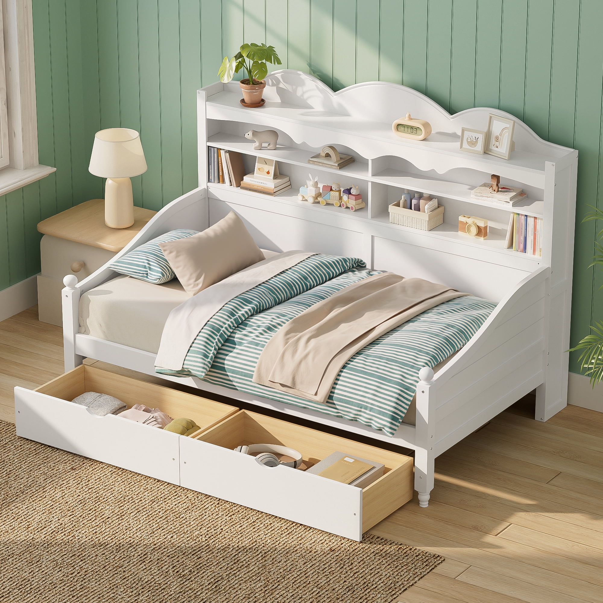 Euroco Wood Twin Size Daybed with Drawers, Captain Bed with Shelves, White