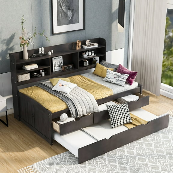 Euroco Wood Twin Size Daybed with Shelf, Wood Captain Bed with Drawers and Trundle Kids Teens, Antique Gray