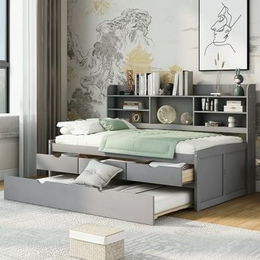 Euroco Wood Twin Size Daybed with Shelf,Wood Captin Platform Bed with Drawers and Trundle,Light Gray