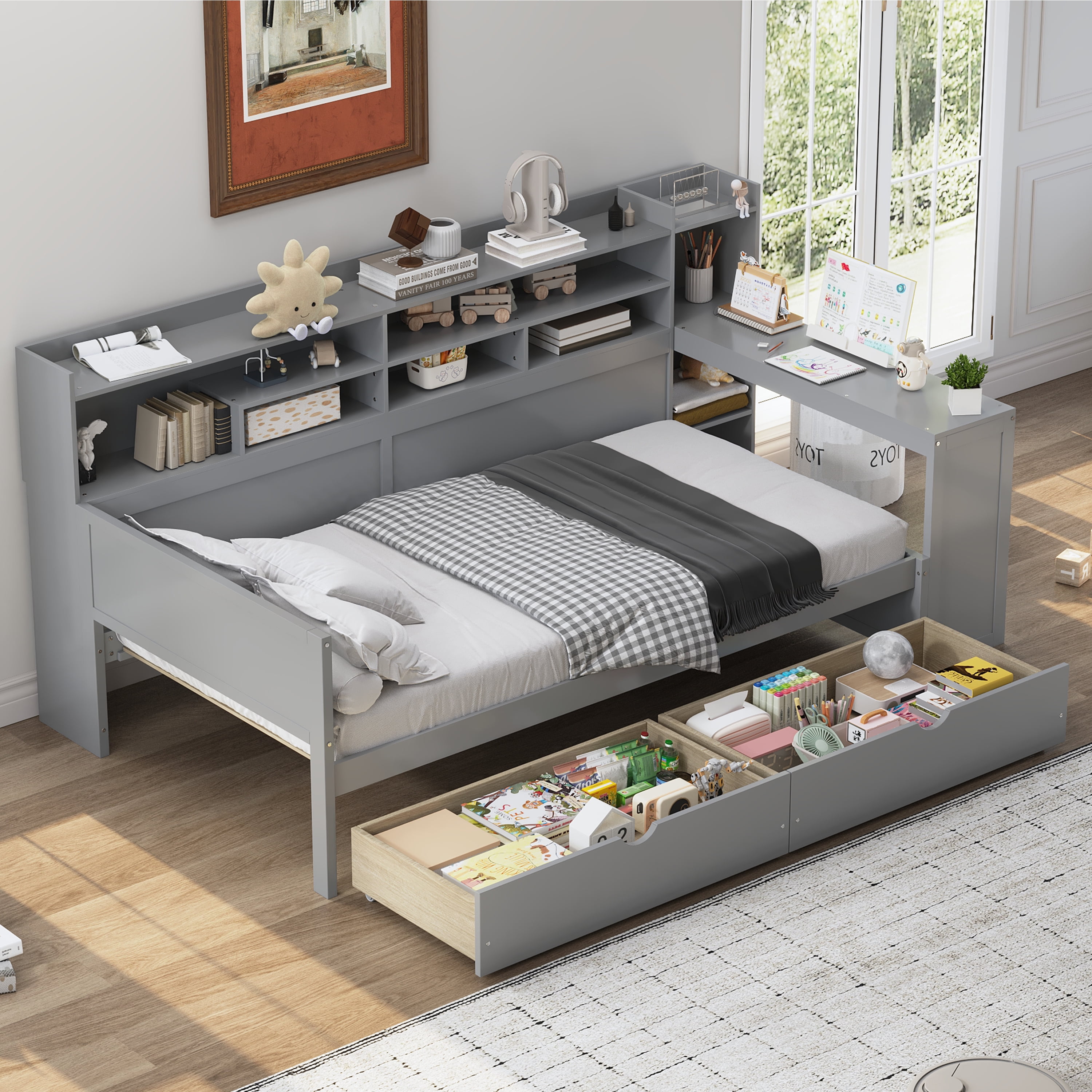 Euroco Wood Twin Size Daybed with Storage Shelves Drawers and Desk, Gray