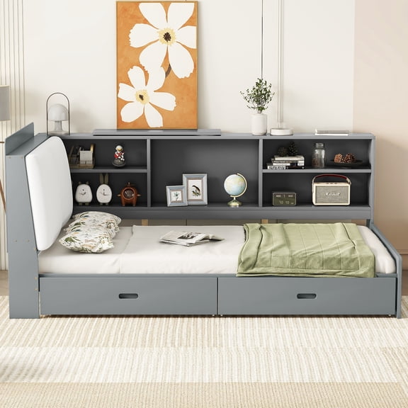 Euroco Wood Twin Size Daybed with Storage Shelves and Drawers Sofa Bed for Bedroom, Gray