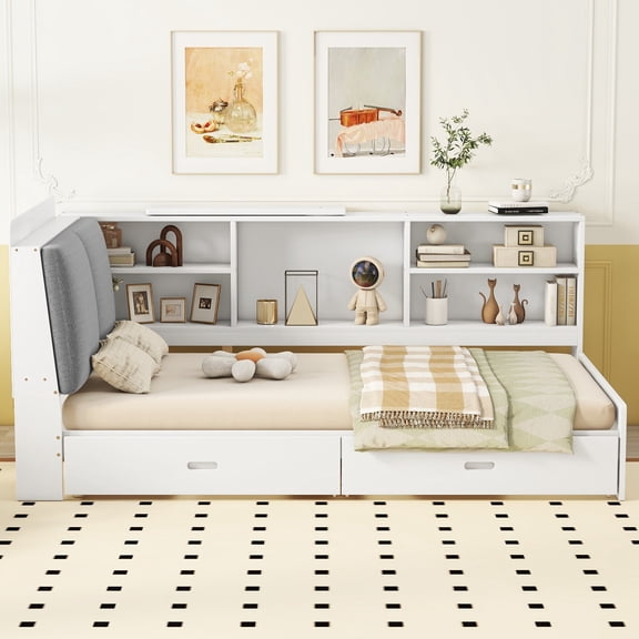 Euroco Wood Twin Size Daybed with Storage Shelves and Drawers Sofa Bed for Bedroom, White