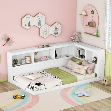 Euroco Wood Twin Size Daybed with Storage Shelves and Charging Station Sofa Bed for Bedroom, White