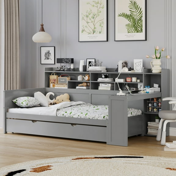 Euroco Wood Twin Size Daybed with Storage Shelves and Desk, Twin Size Trundle Bed, Gray