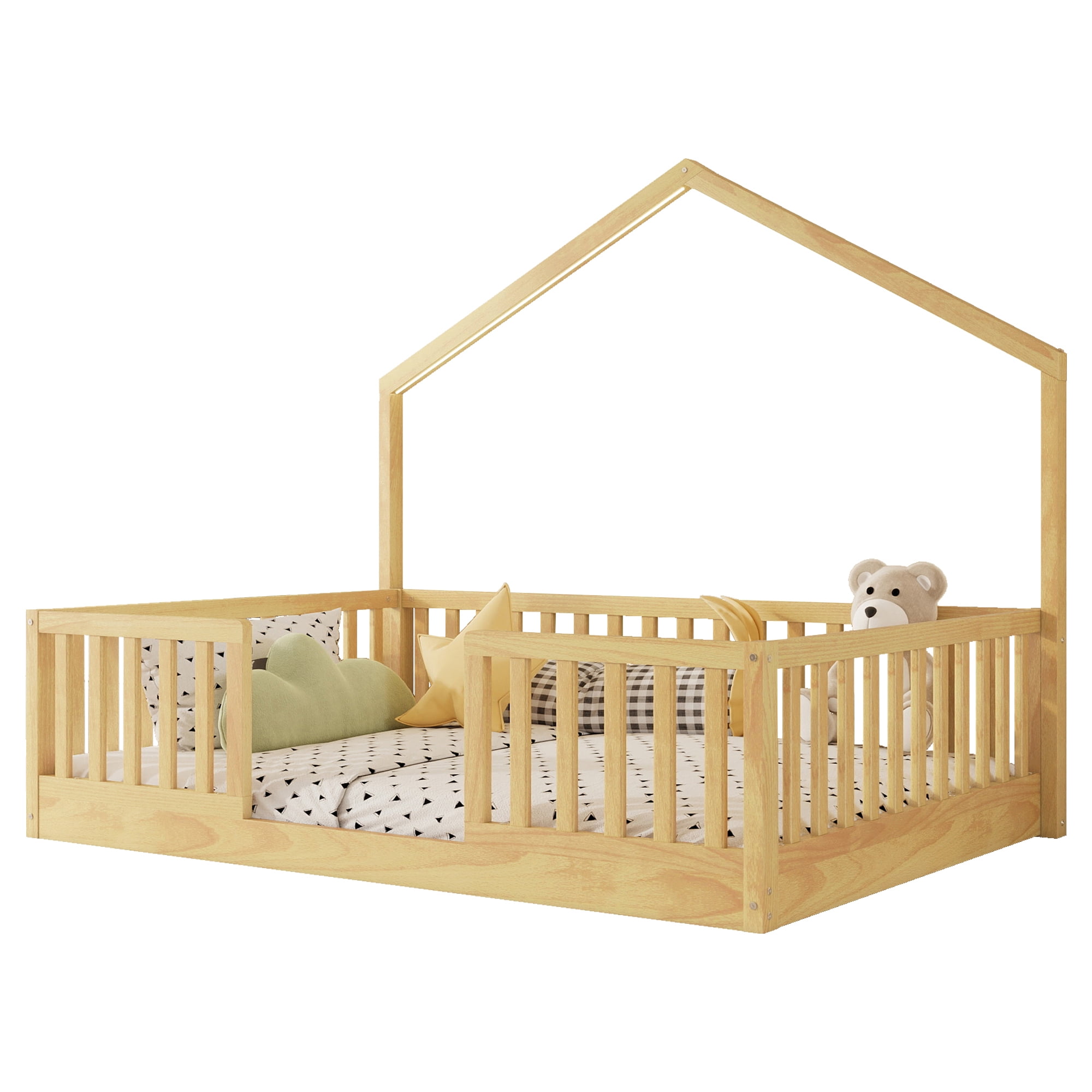 Euroco Wood Full Size Floor Bed with LED Light, Natural