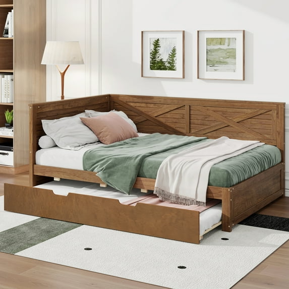 Euroco Wood Twin Size Daybed with Trundle Sofa Bed, Brown