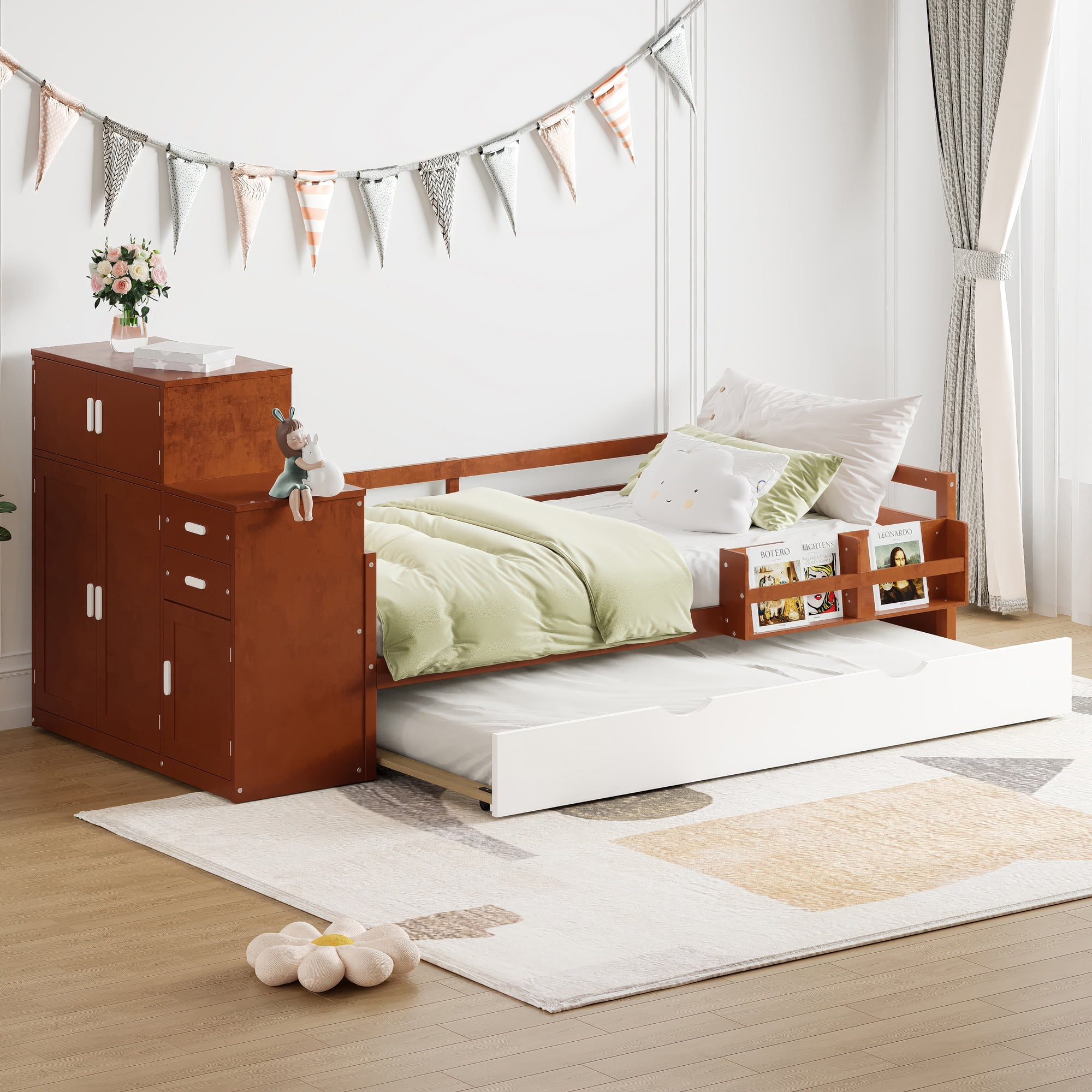 Euroco Wood Twin Size Daybed with Trundle, Storage Bed with Bookcase and Wardrobe, Walnut